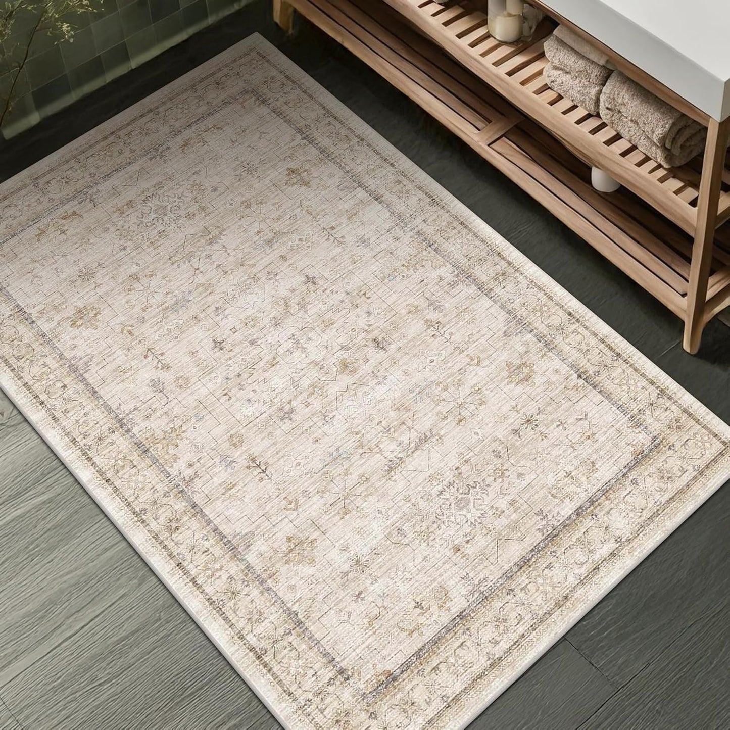 Farmhouse Bathroom Rug 2x3 Beige, Machine Washable Small Non Slip Indoor Entryway Area Rug, Low Pile Thin Neutral Vintage Design for Bedside, Kitchen