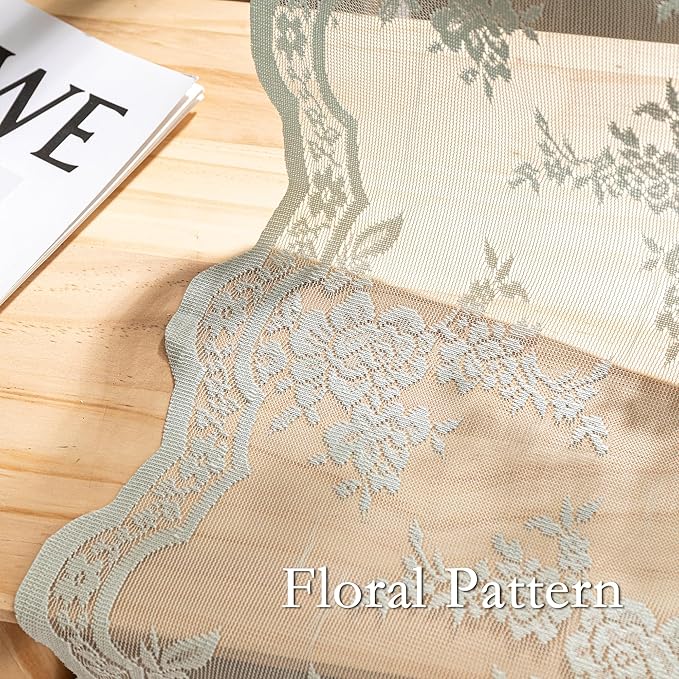 MEETSKY Boho Lace Curtains 45 Inch Length 2 Panels Set Vintage French Sheer Kitchen Curtains for Small Windows Back Tab Rod Pocket Transparent Light Filtering Drapes, 50" W Each Panel, Sage Green