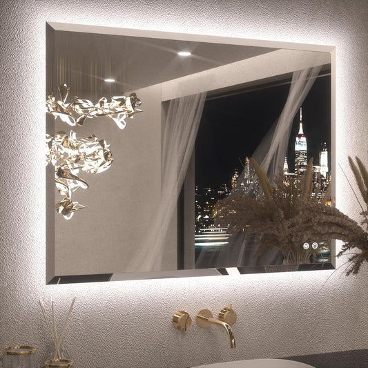 Keonjinn 40 x 30 Inch Backlit Mirror Bathroom, Frameless LED Mirror Beveled Edge, Safe Tempered Glass, UL-Listed, Anti-Fog, 3 Color Lights, Dimmable, Light Up Bathroom Wall Mirrors for Over Sink