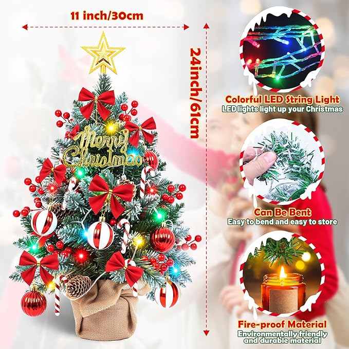 2FT Tabletop Mini Christmas Tree with Colorful LED Lights,DIY Ornaments,24 Inch Small Artificial Pine Tree with Star Topper, Battery Operated Desktop Xmas Tree for Home Office Holiday Decorations Gift