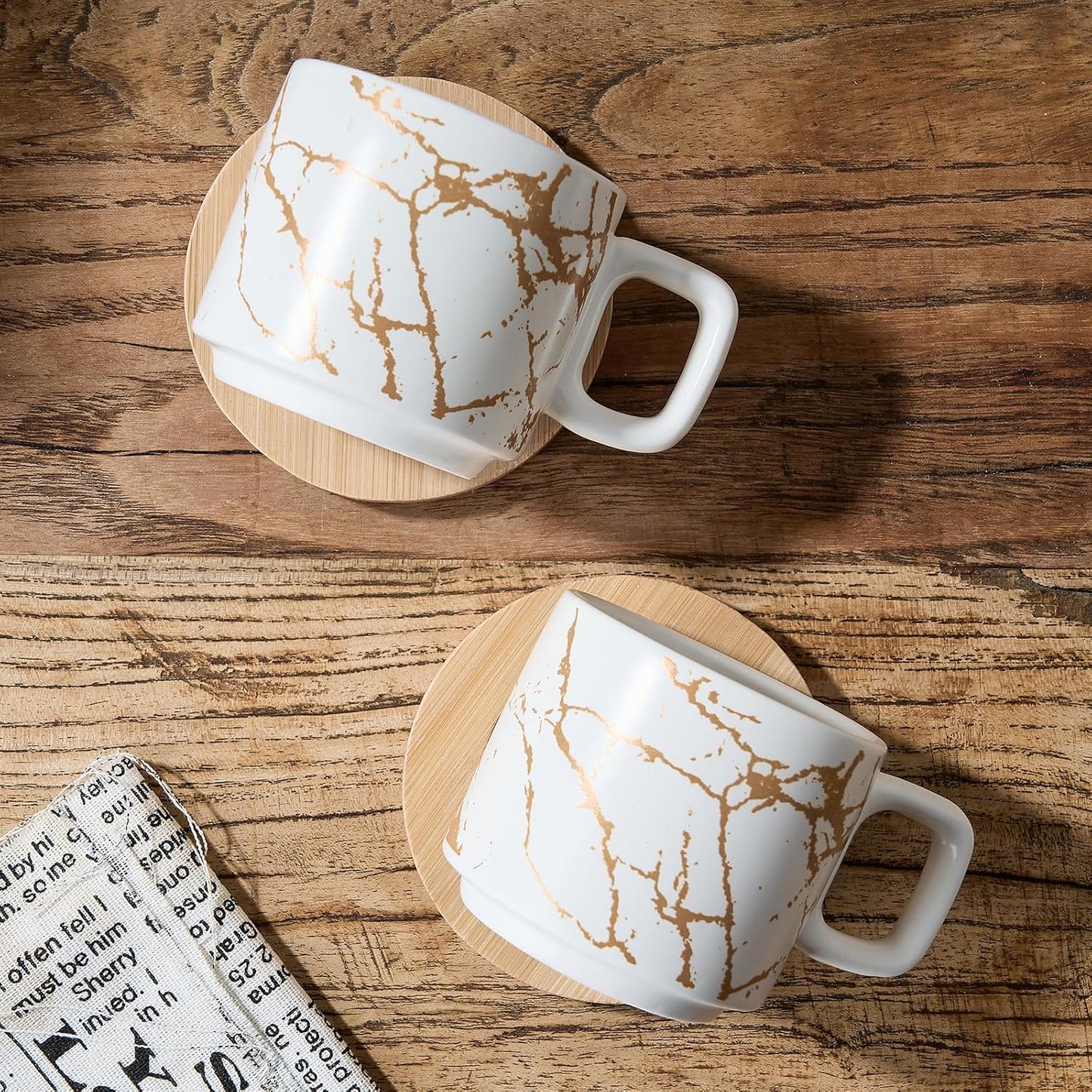 LUKA Porcelain Espresso Cup with Saucer and Metal Stand, 4 Ounce Stackable Ceramic Demitasse Espresso Mugs Cups Set for Latte,Coffee,Cafe Mocha,Tea(Set of 4),Marbling White