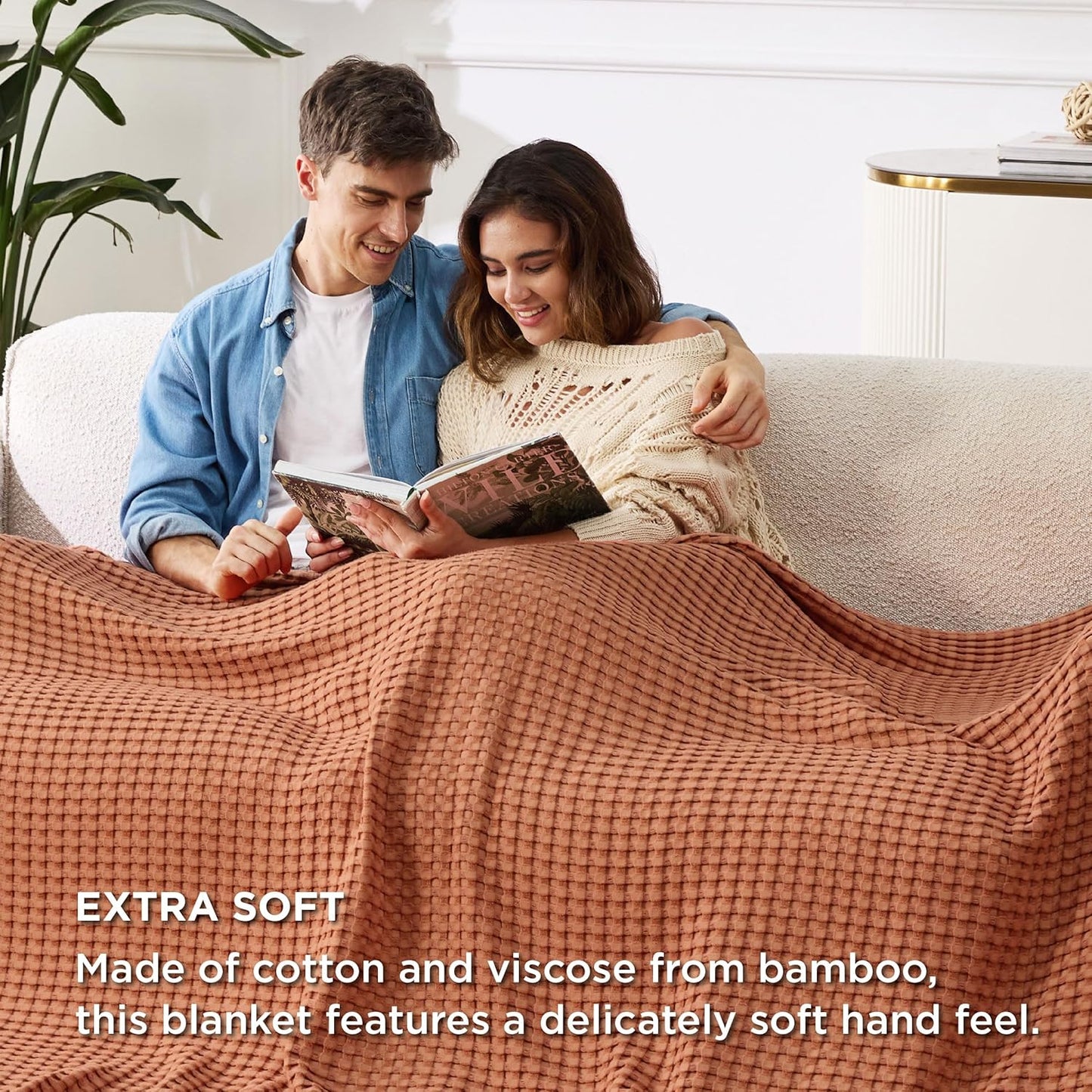 Bedsure Cooling Cotton Waffle Oversized King Blanket - Lightweight Breathable Rayon Derived from Bamboo for Hot Sleepers, Luxury Throws for Bed and Sofa, 120x96 Inches
