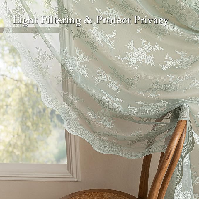 MEETSKY Boho Lace Curtains 45 Inch Length 2 Panels Set Vintage French Sheer Kitchen Curtains for Small Windows Back Tab Rod Pocket Transparent Light Filtering Drapes, 50" W Each Panel, Sage Green