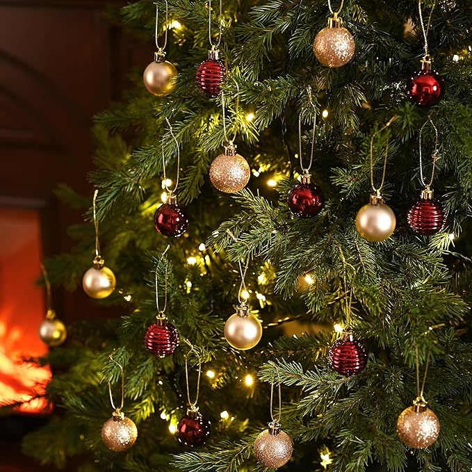 Valery Madelyn 1.57 Inches Small Christmas Tree Decorations Ornament Set for Fall Halloween, 24ct Burgundy Red and Gold Shatterproof Hanging Ball Ornaments Holiday Party Decor