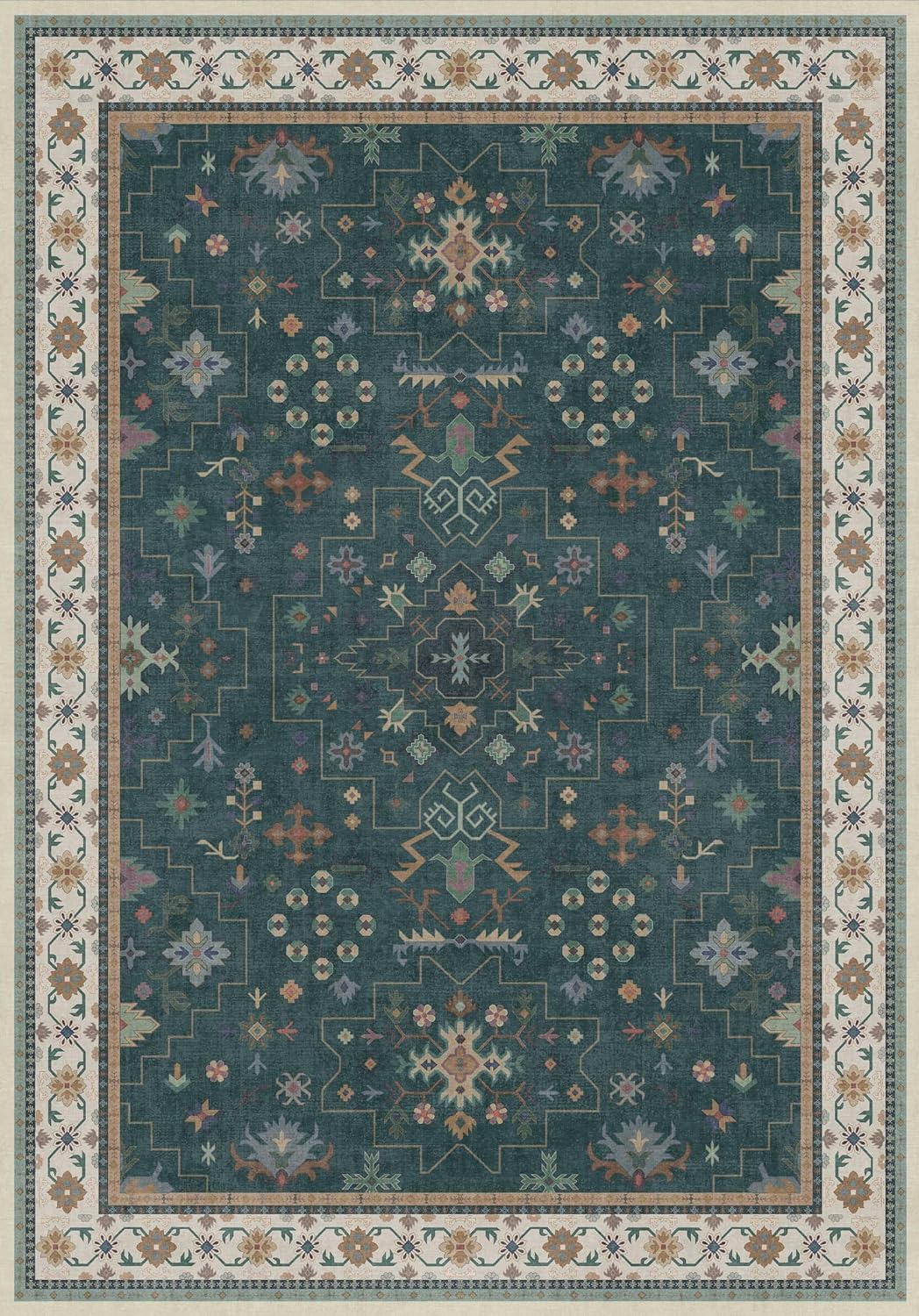 Dark Green Vintage 7x10 Washable Rugs for Living Room - Dark Academia Victorian Floral Geometric Bedroom Rug, Ultra Soft Thin Low Pile Non-Slip Large Rugs for Lounge