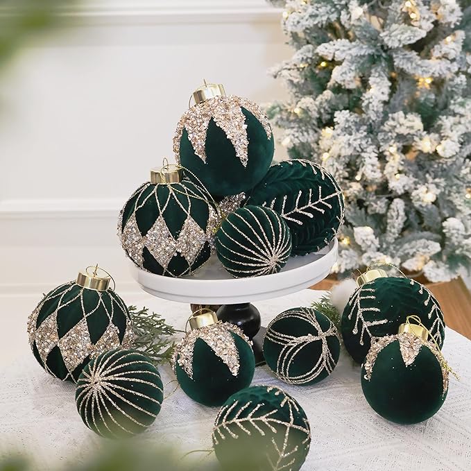 3.15INCH Green Velvet Ornaments for Christmas Tree, 12PCS Glitter Flocked Christmas Ornaments Decorations Balls Set Decor