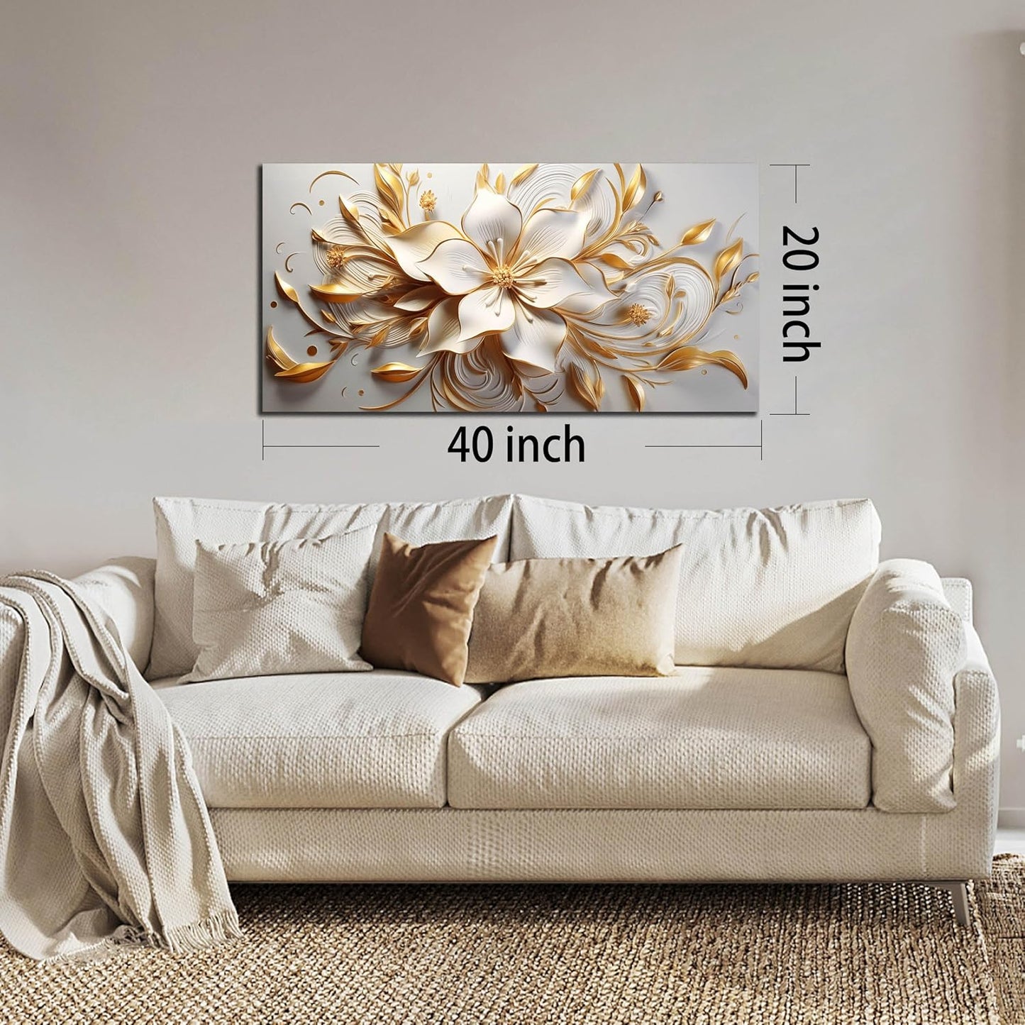 Flower Painting Wall Decor Living Room White and Gold Wall Art for Bedroom Modern Art Wall Decor Office Size 20" x 40"