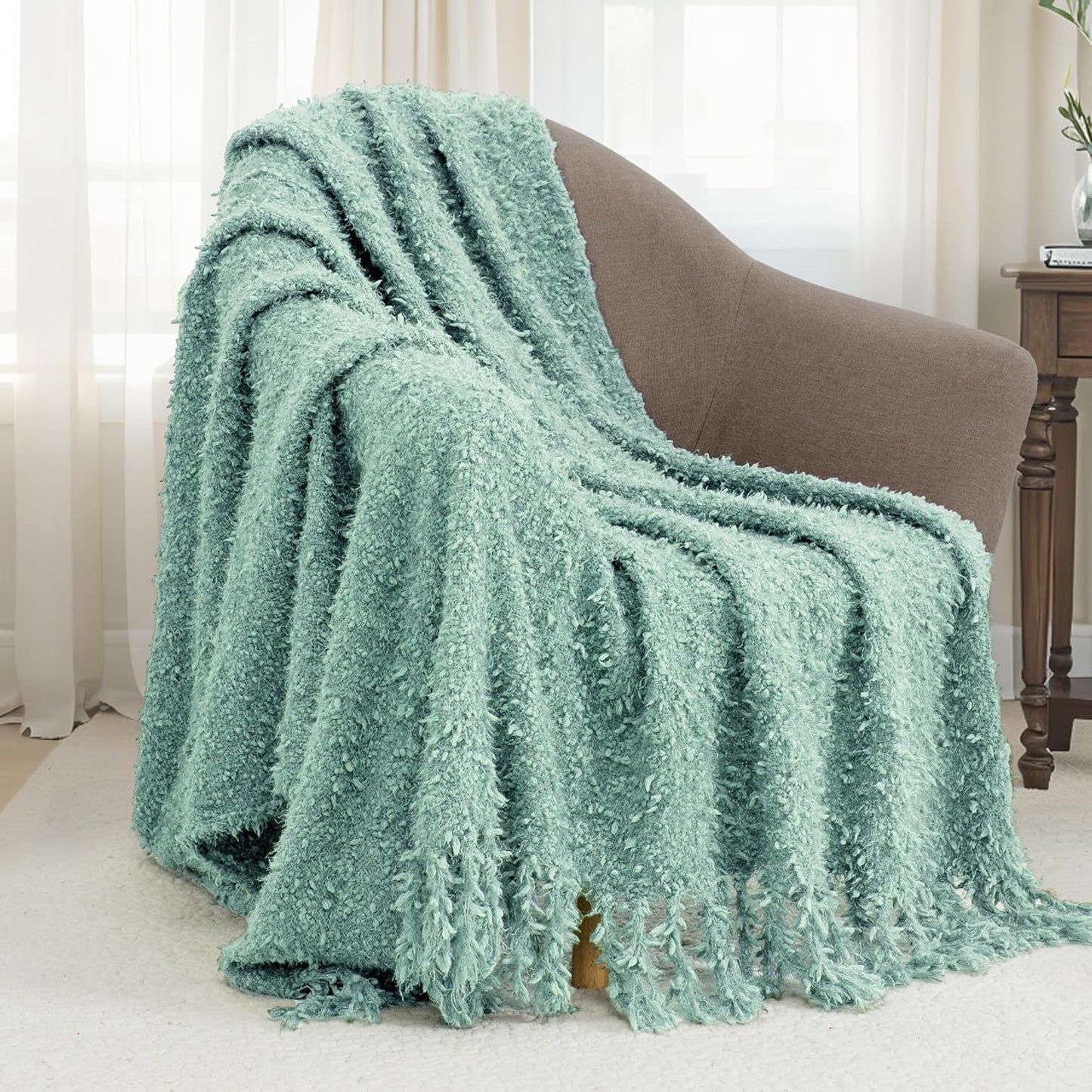 Knit Throw Blanket Fluffy Fuzzy Soft Lightweight Cozy Farmhouse Tassels Chunky Knitted Throws for Couch Sofa Bed (Sage Green, 60"x80")
