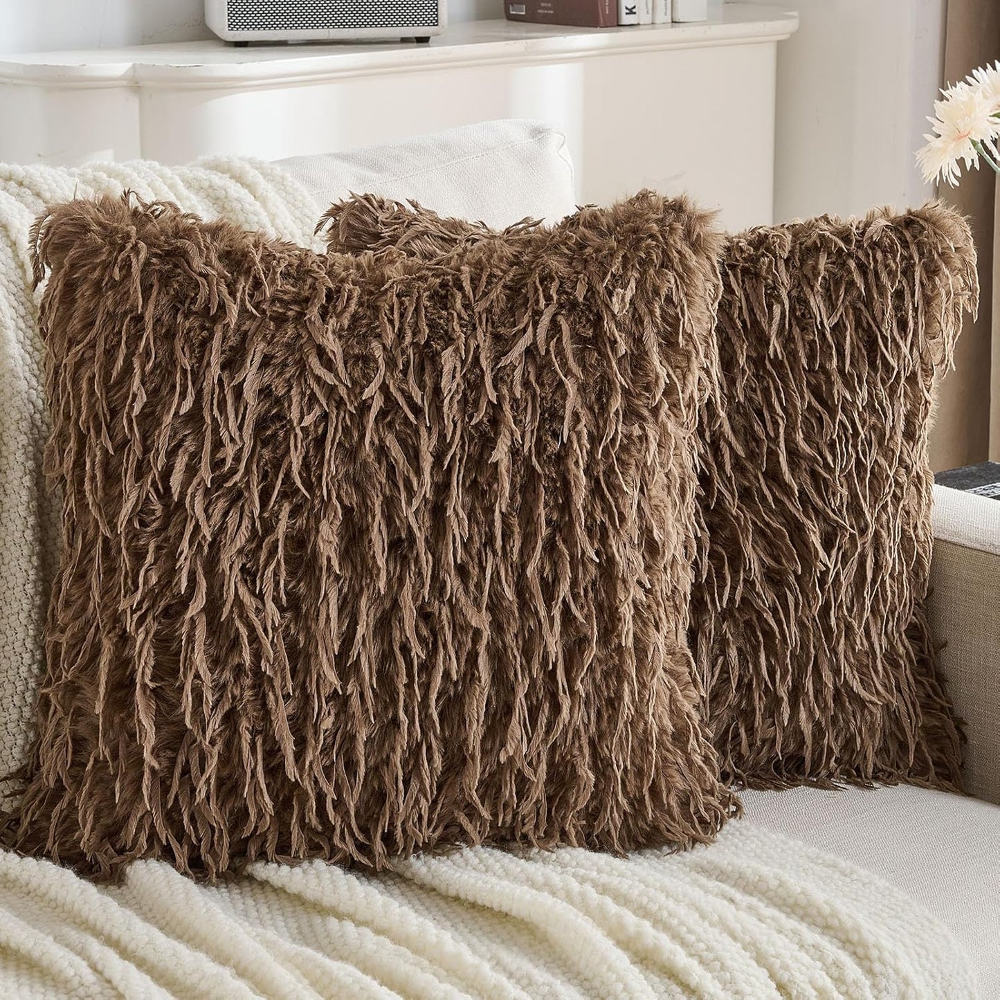 FUTEI Brown Decorative Throw Pillow Covers 20x20 Inch Set of 2,Soft Fluffy Faux Feather Texture Cushion Cases,Modern Home Luxury Decor for Couch Bed Living Room