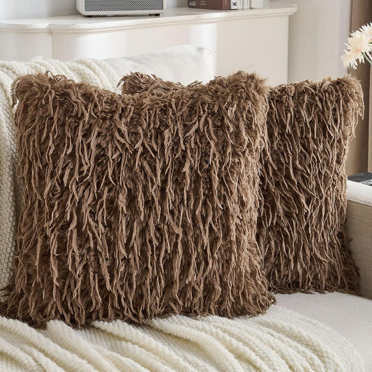 FUTEI Brown Decorative Throw Pillow Covers 22x22 Inch Set of 2,Soft Fluffy Faux Feather Texture Cushion Cases,Modern Home Luxury Decor for Couch Bed Living Room
