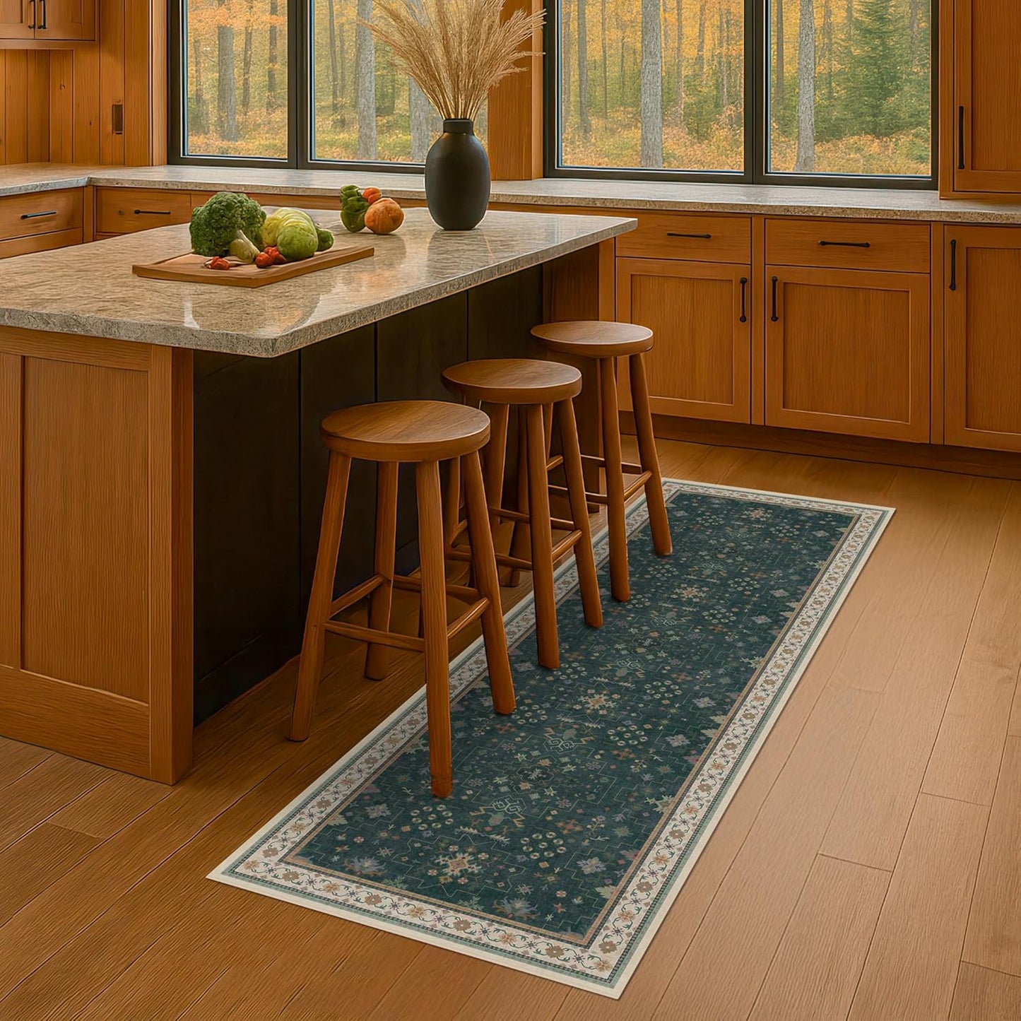 Dark Green 2x5 Kitchen Rug - Modern Vintage Boho Eclectic Floral Pastel, Washable Low Pile Non-Slip Small Runner Rugs for Entryway Door Mat Indoor Entrance, Bedroom, Hallway