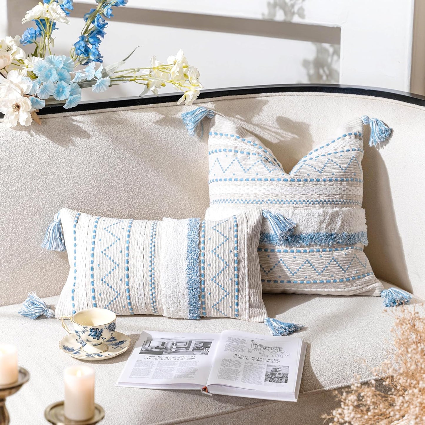 BlissBlush Blue Decorative Lumbar Throw Pillow Cover 12x20 Rectangular Boho Accent Pillowcase Neutral White Farmhouse Cushion for Couch Sofa Bedroom Living Home Décor (Cover ONLY, Pack of 1)
