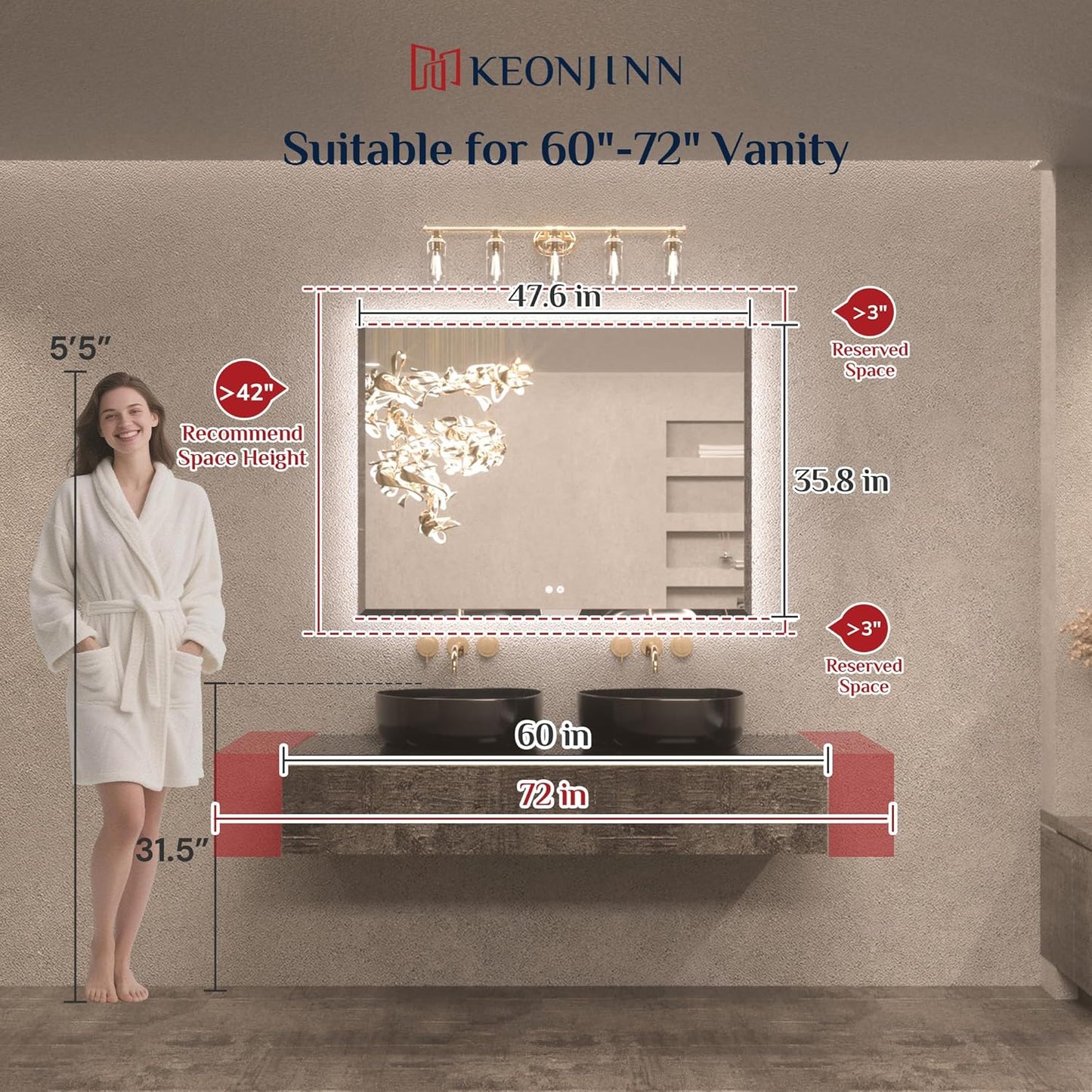 Keonjinn 48 x 36 Inch Large LED Bathroom Mirror with Backlight, Backlit Mirror with Beveled Edge, Safe Tempered Glass, UL-Listed Power Driver, 3 Color Lights, Safe Defogging, Memory Function