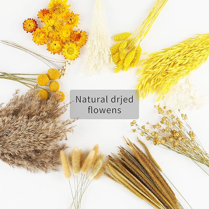 120 Pcs Fall DIY Natural Dried Flowers Set Crafts Mini Dried Florals with Stems Bouquets for Vase Floral Arrangement Handcraft Door Hanging Wreath Table Centrepieces Thanksgiving Decor(Yellow)
