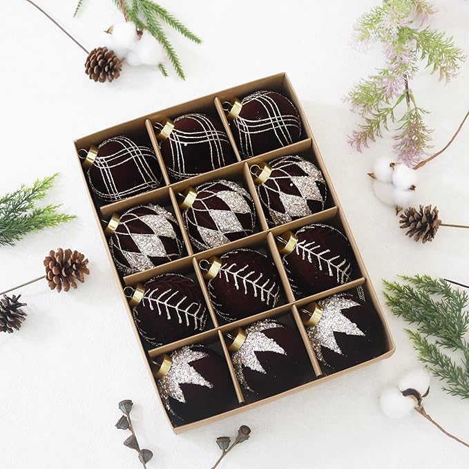 3.15INCH Brown Velvet Ornaments for Christmas Tree, 12PCS Glitter Flocked Christmas Ornaments Decorations Balls Set Decor