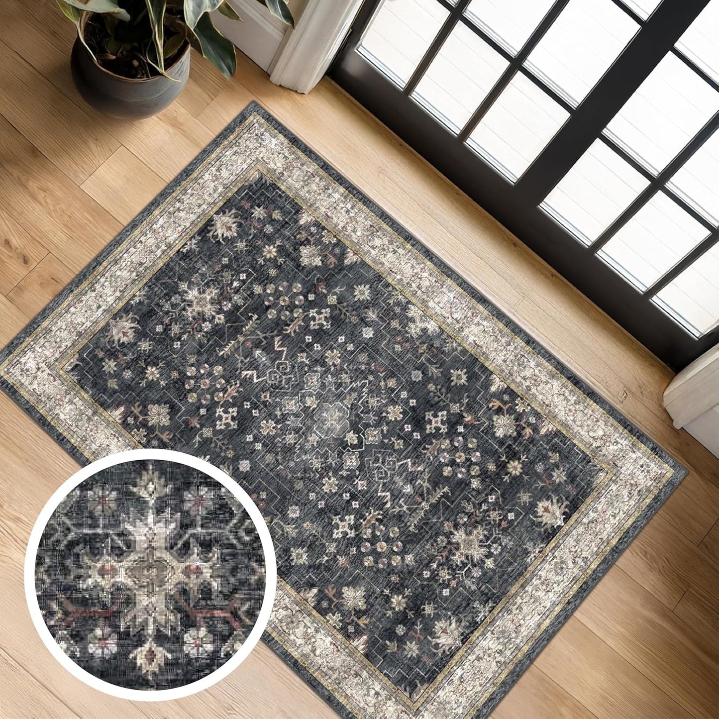 Black Washable Entry Rug, 2x3 Small Rugs for Entryway Kitchen Bathroom Door Mat Indoor Entrance, Non Slip Rubber Backing, Stain & Fade Resistant, Ashen Charcoal Floral Farmhouse Decor