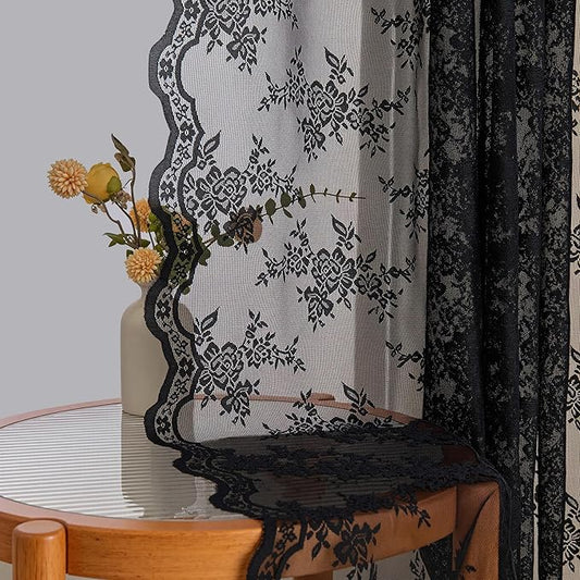 MEETSKY Lace Sheer Curtains 72 Inch Long Black Goth Victorian Vintage Spooky Halloween Holiday Party Decor for Living Room Bedroom Back Tab Rod Pocket Light Filtering Drapes, 50"W Each Panel, 2 Pieces