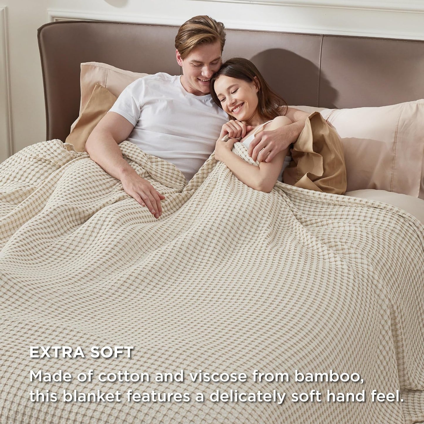 Bedsure Cooling Cotton Waffle Oversized King Blanket - Lightweight Breathable Blanket of Rayon Derived from Bamboo for Hot Sleepers, Light Beige, 120x96 Inches