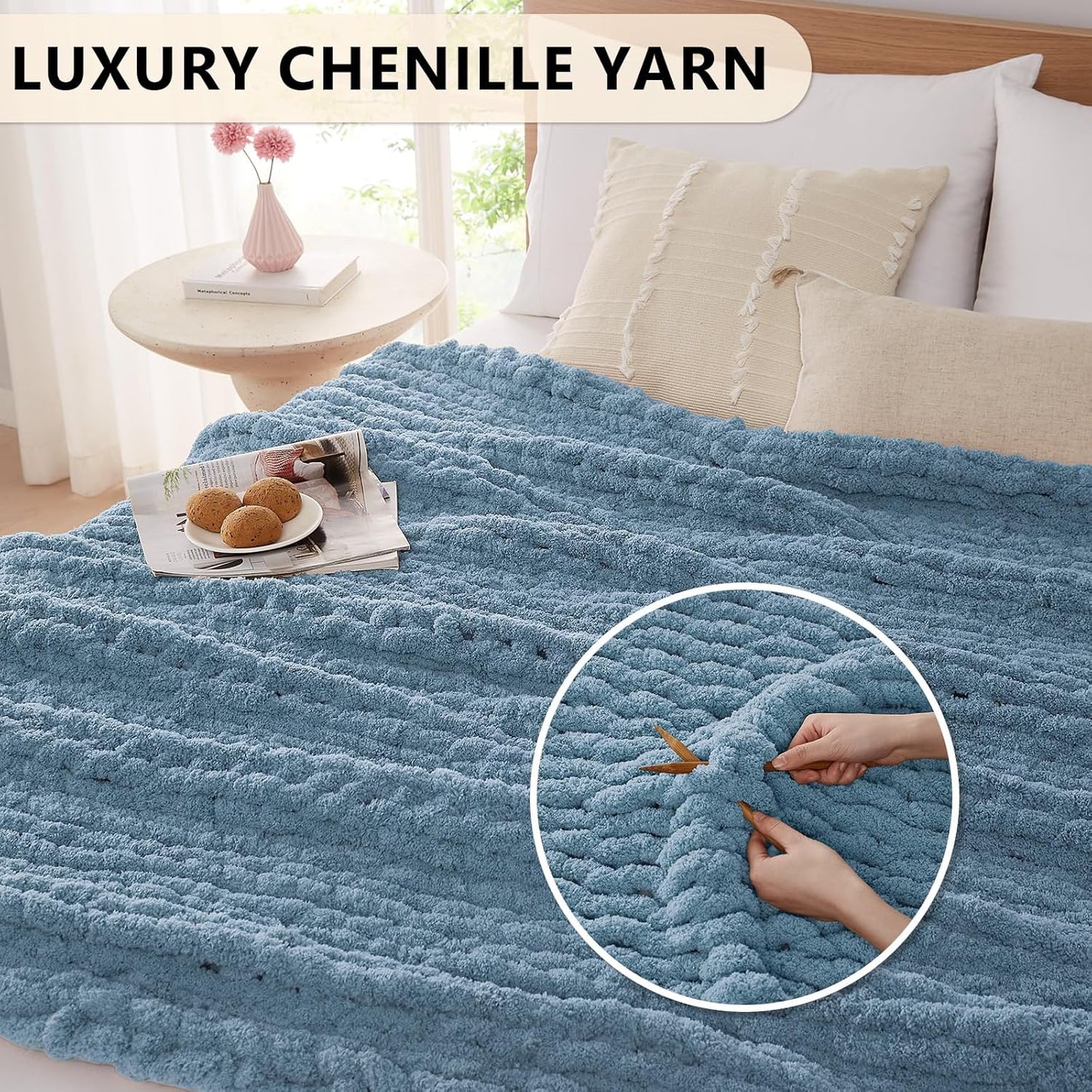 L'AGRATY Chunky Knit Blanket Throw: 60''x80'' Chenille Chunky Knitted Throw Blanket for Bed Couch - Handmade Thick Big Cable Knit Blanket - Large Crochet Rope Blanket for Home Decor(Airy Blue)