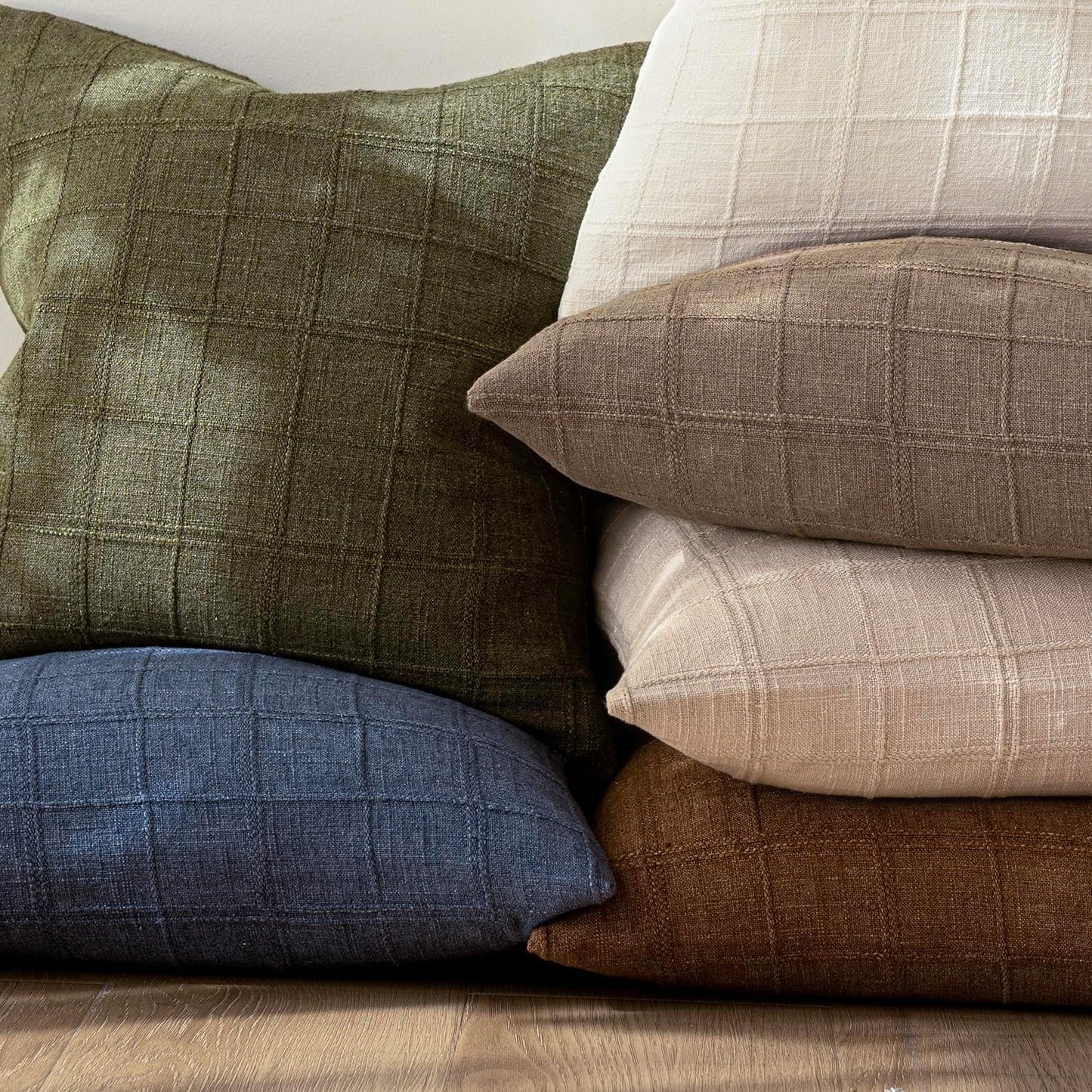 Foindtower Set of 2 Decorative Linen Check Throw Pillow Covers Neutral Farmhouse Vintage Cushion Covers Modern Boho Home Decor for Sofa Chair Couch Bedroom Living Room,22×22 Inch,Tan Taupe