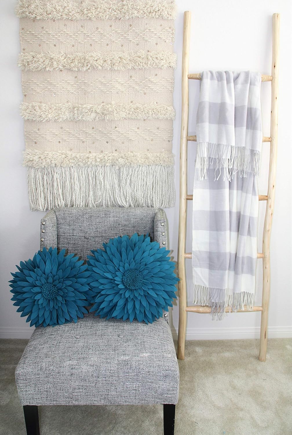 Contempo Lifestyles 3D Daisy Flower Decorative Pillow, Teal, 16" Soft Polyester Faux Wool & Cotton Canvas Throw Pillow