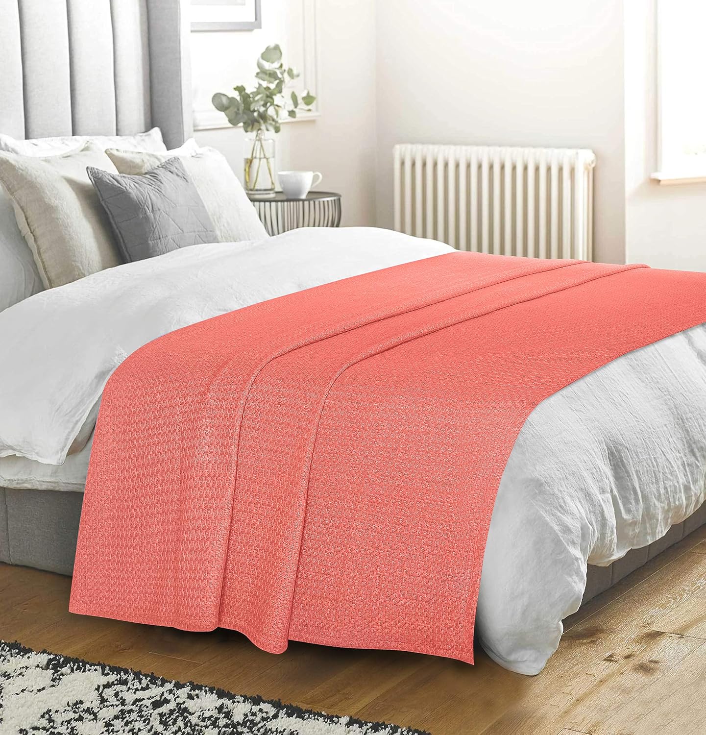 BELIZZI HOME 100% Cotton Bed Blanket, Breathable Bed Blanket King Size, Cotton Thermal Blankets King, Perfect for Layering Any Bed for All Season, Coral