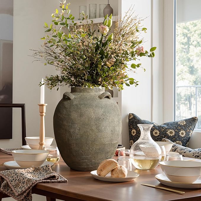 LuxenHome Rustic Ceramic Flower Vase,15 Inch Tall Brown Terracotta Cauldron Vase for Living Room Decor，Large Floor Vase Home Décor Accents,Round Vintage Pottery Vases Home Decor