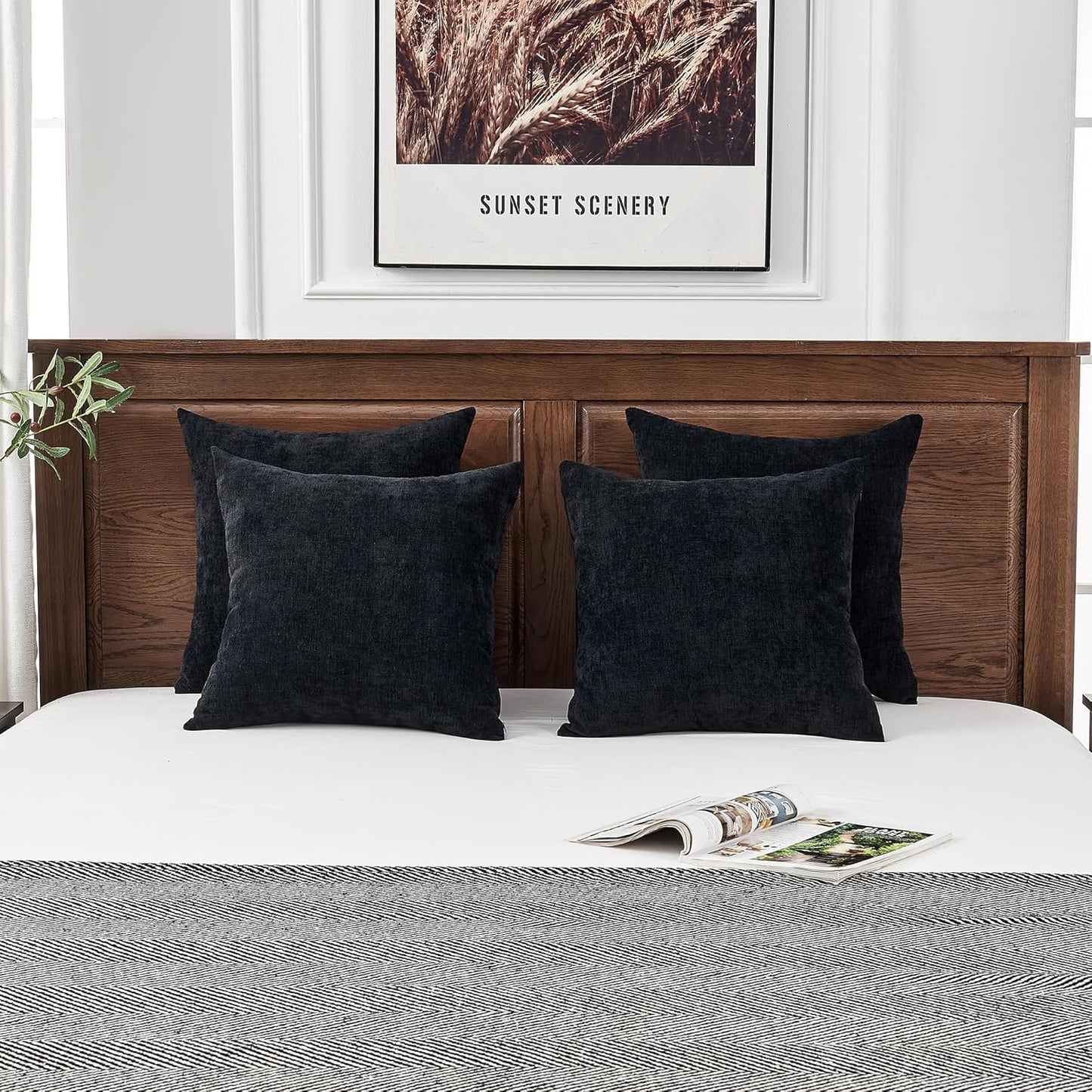 GAWAMAY Decorative Square Throw Pillow Covers 18"x18" Inch Set of 4, Super Soft Chenille Pillows Farmhouse Fall Pillowcase for Living Room Bedroom Sofa Couch Cushion Cover Black 45x45cm (No Insert)