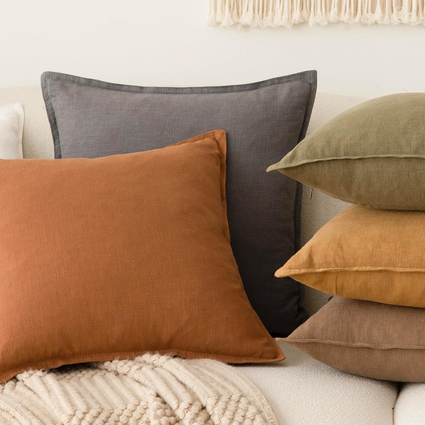 Foindtower Pack of 2, Decorative Linen Soild Throw Pillow Covers Soft Accent Square Cushion Case Boho Farmhouse Pillowcase for Chair Couch Sofa Bedroom Living Room Home Decor 18 x 18 Inch Grey