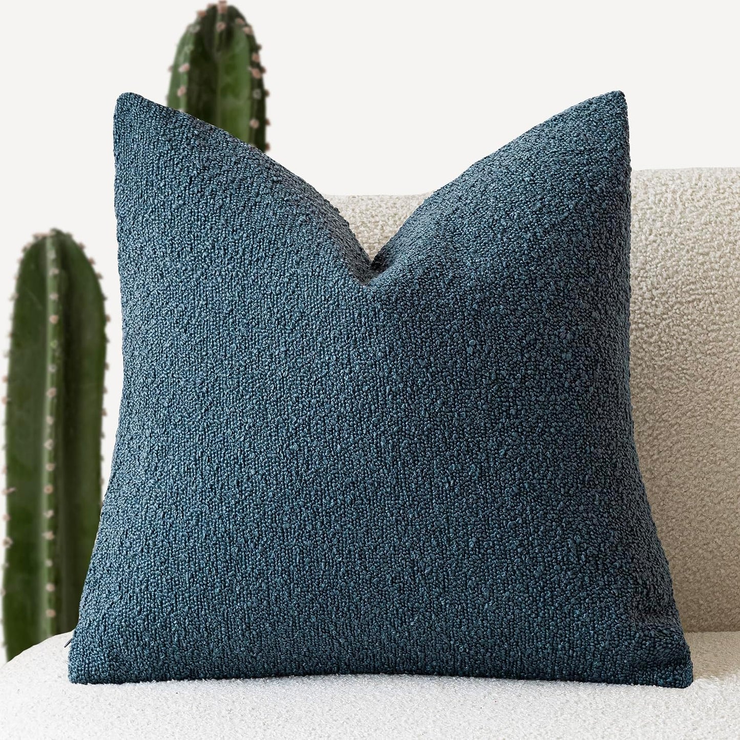 Foindtower Decorative Textured Boucle Throw Pillow Covers Accent Solid Pillow Cases Neutral Soft Cozy Couch Cushion Case for Chair Sofa Bedroom Living Room Home Decor 24 x 24 Inch,Blue