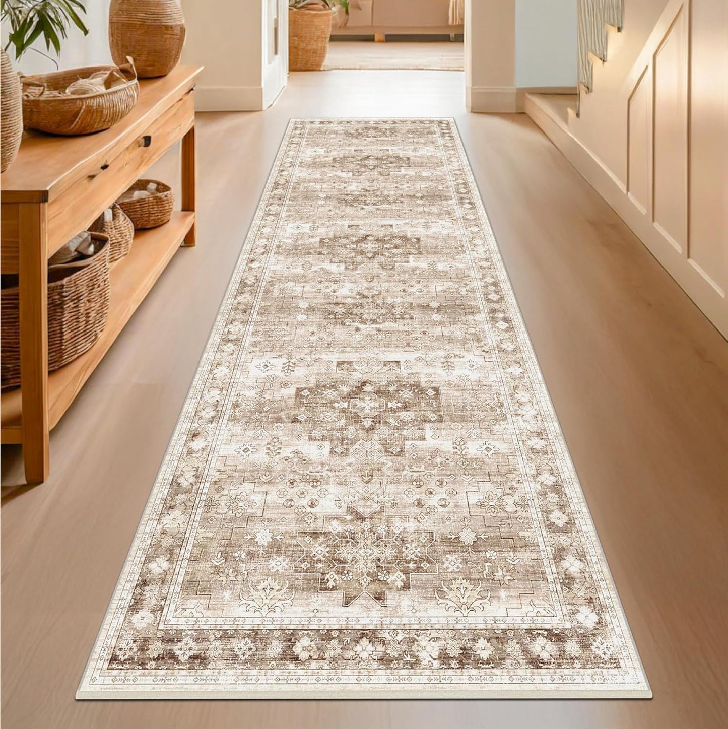 Beige Washable 2'6"x8' Wide Hallway Runners, Kitchen Runner Rug, Non-Slip & Stain Resistant Long Floor Rug, Neutral Boho Floral Decor (2'6"x8' Beige/Latte)