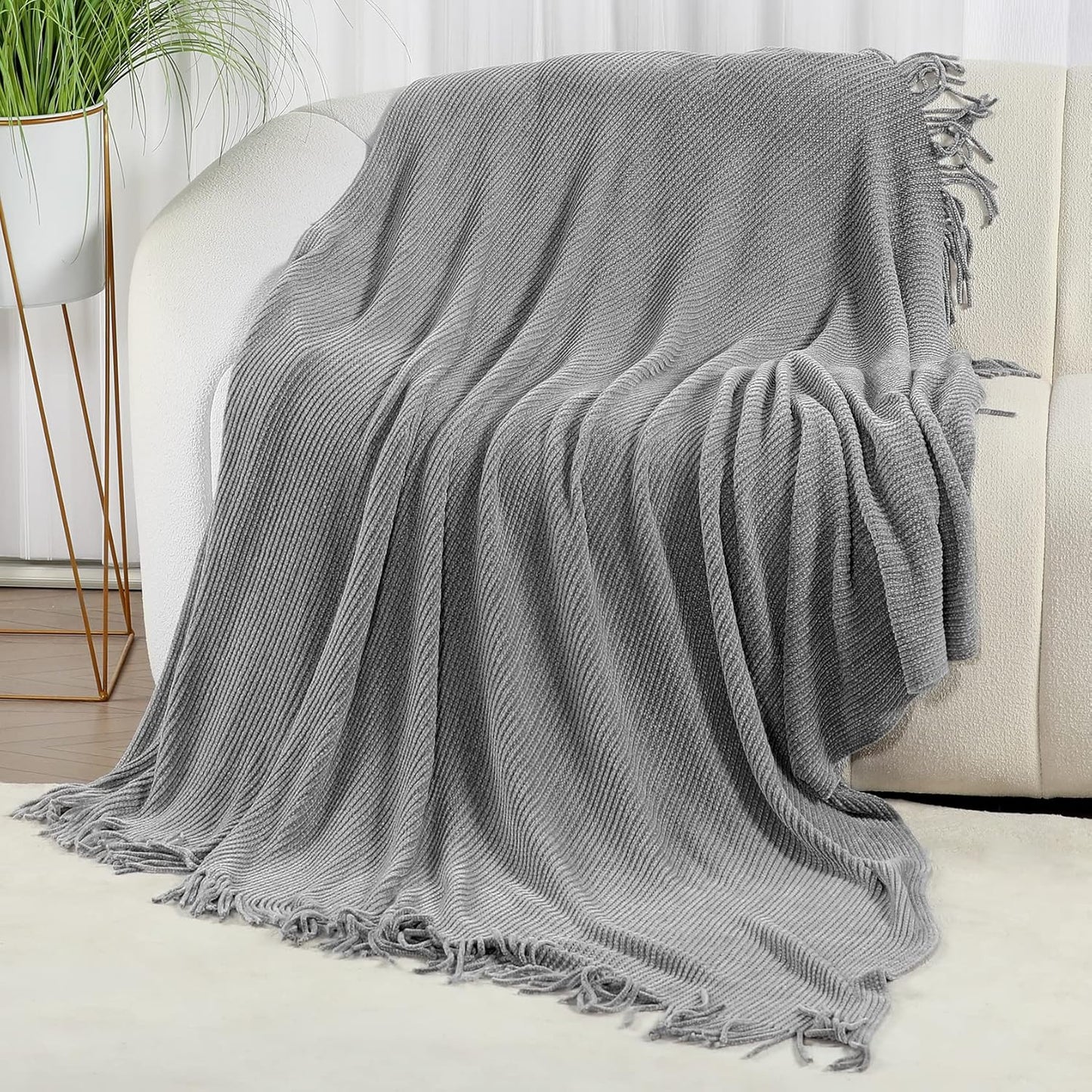 Blagic Grey Throw Blanket for Couch Soft Farmhouse Chenille Boho Throw Blanket with Tassels Home Decorative Lightweight Throw Blankets, Throws for Bed/Chair/Sofa, Stripe Textured (Light Grey,50"x60")
