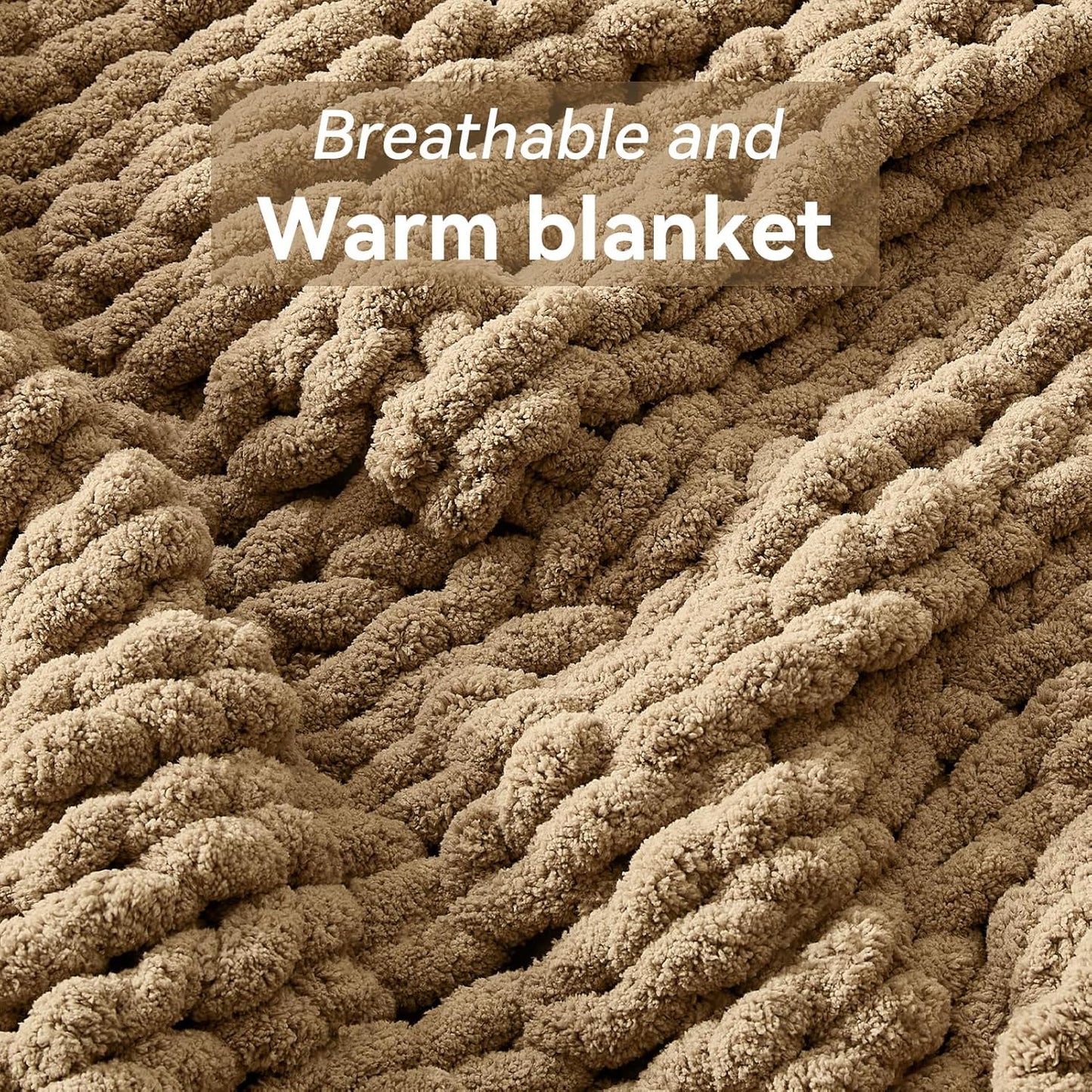 Chunky Knit Throw Blanket, 50''*60'' Knitted Throw Chenille Yarn for Bed Couch, Handmade Light Brown Crochet Big Thick Blanket, Machine Washable Cute Comfy Blanket for Home Decor