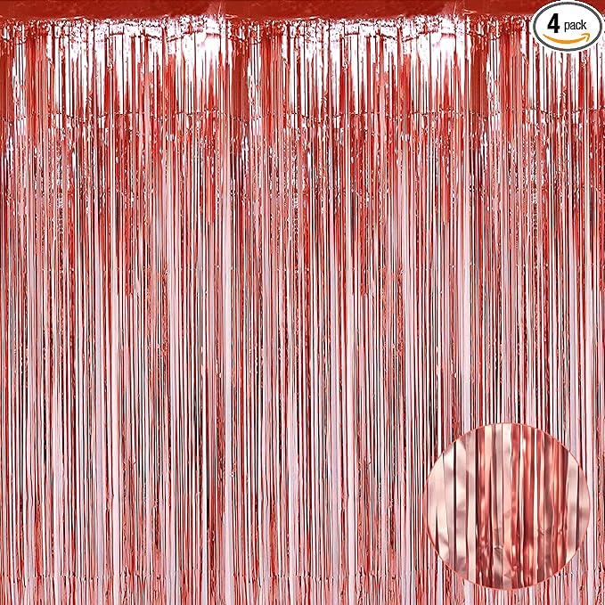 4 Pack Rose Gold Foil Fringe Curtain Backdrop, 3.28Ft x 9.84Ft Metallic Tinsel Foil Fringe Streamers Curtains for Party,