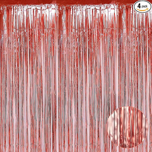 4 Pack Rose Gold Foil Fringe Curtain Backdrop, 3.28Ft x 9.84Ft Metallic Tinsel Foil Fringe Streamers Curtains for Party,