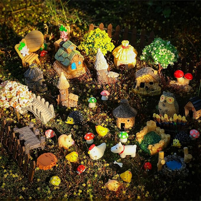 60 PCS Mini Fairy Garden Accessories Kit Enchanted Miniature House Decor Set with Tiny Figurines, DIY Micro Landscape Ornaments for Terrarium, Dollhouse Succulent Craft