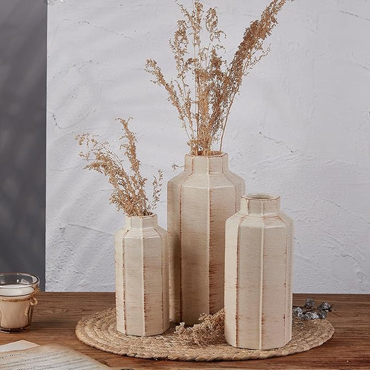 LUKA Ceramic Rustic Farmhouse Vase Set of 3,Ice Cracked Glazed Terracotta Vase,Large Vases for Decor,Fall Decoratiion Vases for Home, Table, Living Room, Shelf