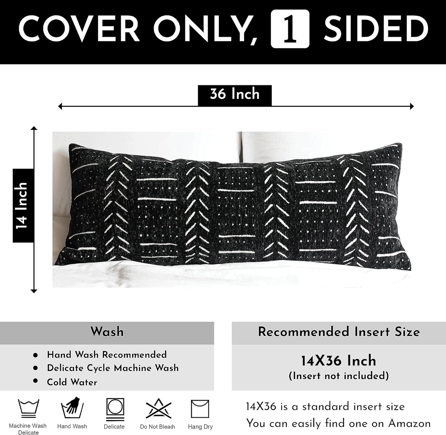BLISSBLUSH Black Decorative Lumbar Pillow Cover 14X36, Boho Lumbar Throw Pillow For Bed, Long Decorative Pillow Case, Modern Accent Throw Pillow, 14 x 36 Textured Lumbar Pillow Decorative (COVER ONLY)