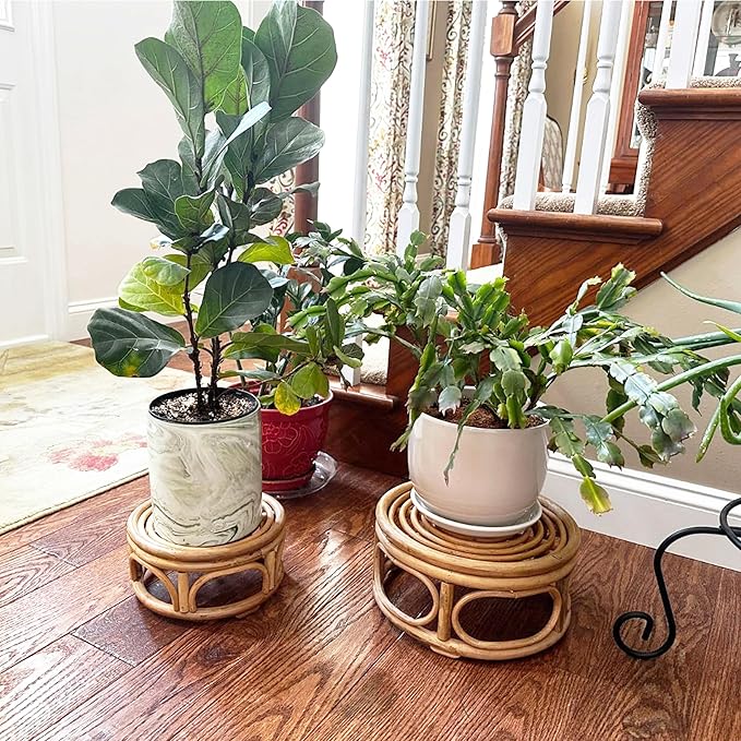 Set of 2 Boho Rattan Woven Round Decorative Risers Plant Stands Indoor, Mid Century Minimalist Modern Plant Stand, Wicker Short Plant Stand Holder Suitable Fits 8'' and 12'' Pots