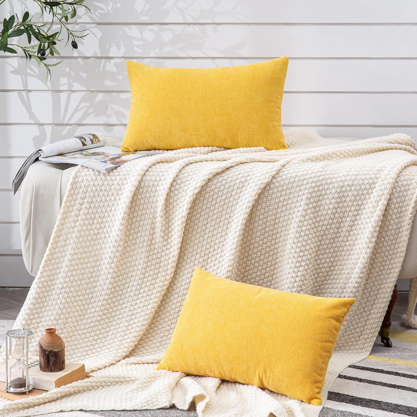 GAWAMAY Lumbar Pillow Cover Decorative Throw Pillow Covers 12"x20" Inch Set of 2, Super Soft Chenille Pillowcase for Living Room Bedroom Sofa Couch Cushion Cover Mustard Yellow 30x50cm (ONLY Covers)