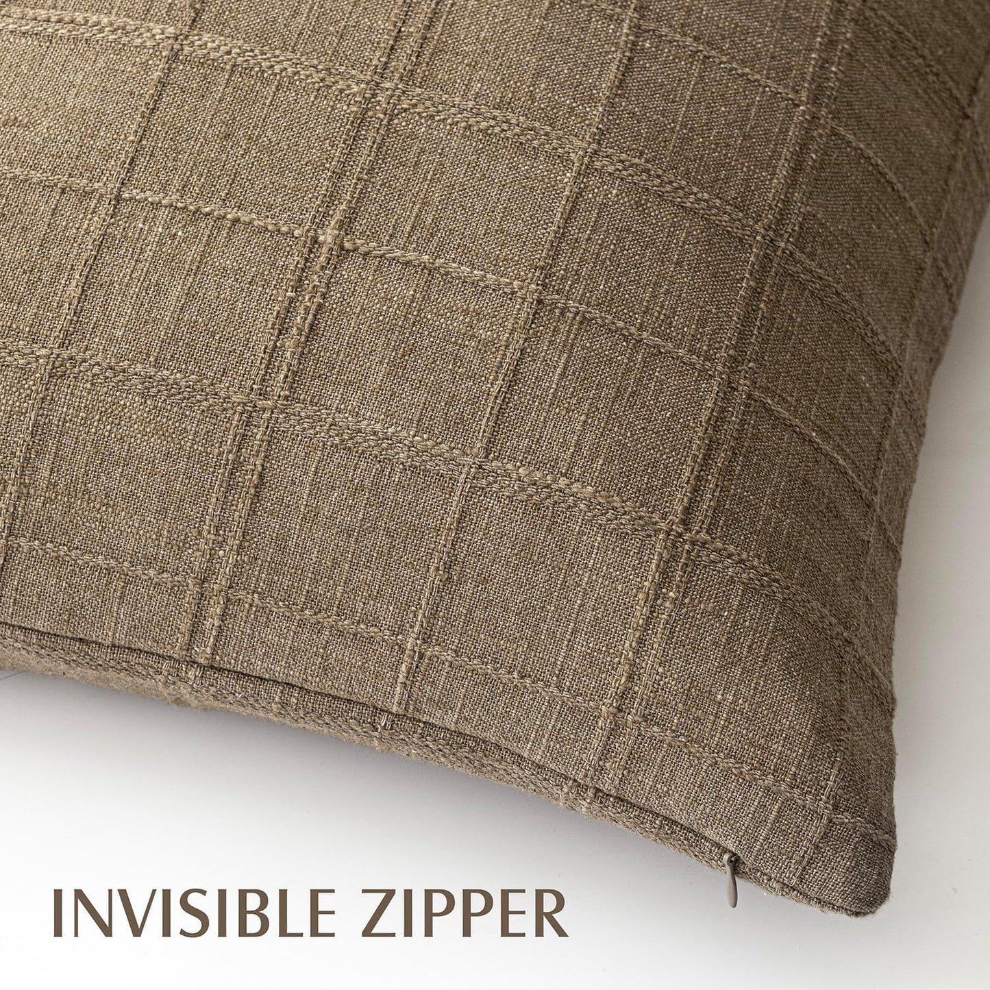 Foindtower Set of 2 Decorative Linen Check Throw Pillow Covers Neutral Farmhouse Lumbar Cushion Covers Modern Boho Home Decor for Sofa Chair Couch Bedroom Living Room,12×24 Inch,Light Brown