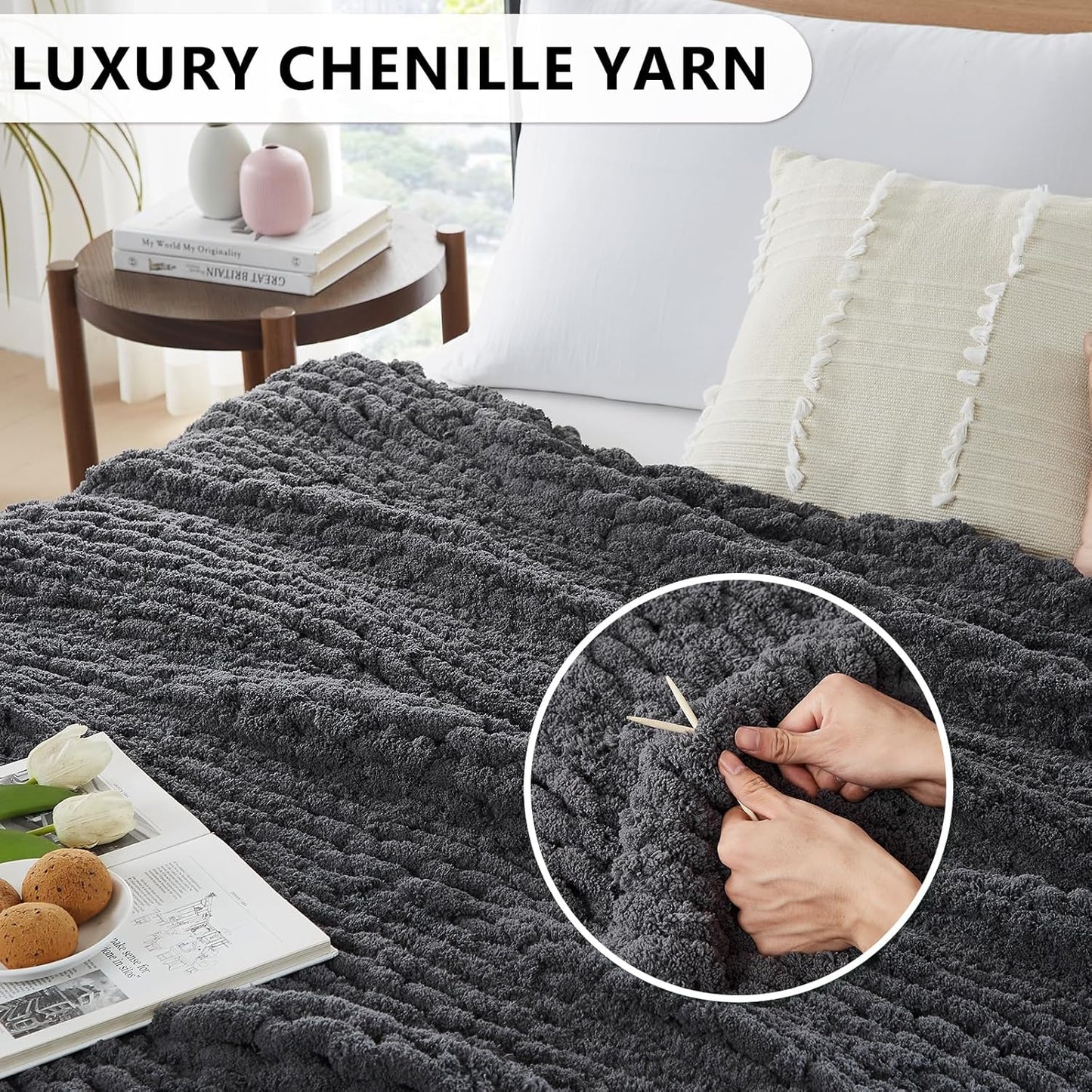 L'AGRATY Chunky Knit Blanket Throw - Soft Chunky Throw Blanket 50x60: 100% Hand Kintted Chenile Crochet Throw Blanket for Couch - Large Cable Knit Chunky Blanket for Home Decor(Dark Grey)
