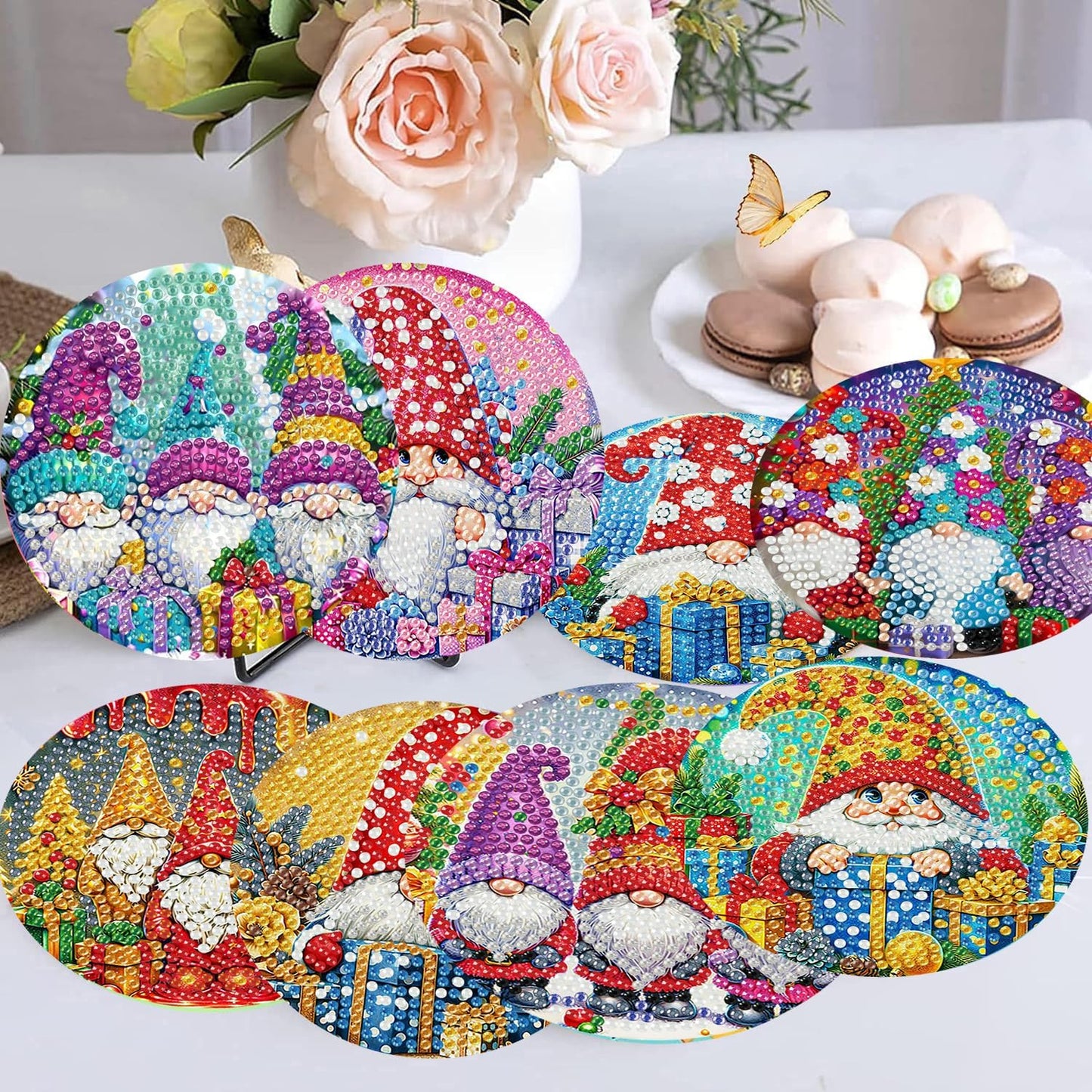 Meothan 8 Pcs Diamond Art Coasters Kits for Adults with Holder Cork Pads, Christmas Diamond Dots Art Painting Coasters Crafts Kit for Home Office Decor (Gnomes Theme)