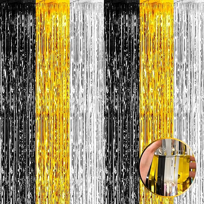4 Pack Black Gold Silver Foil Fringe Curtain Backdrop, 3.28Ft x 9.8Ft Metallic Tinsel Foil Fringe Streamers for Photo Booth, Wedding, Notorious One Birthday Roaring 20s Graduation Party Decoration
