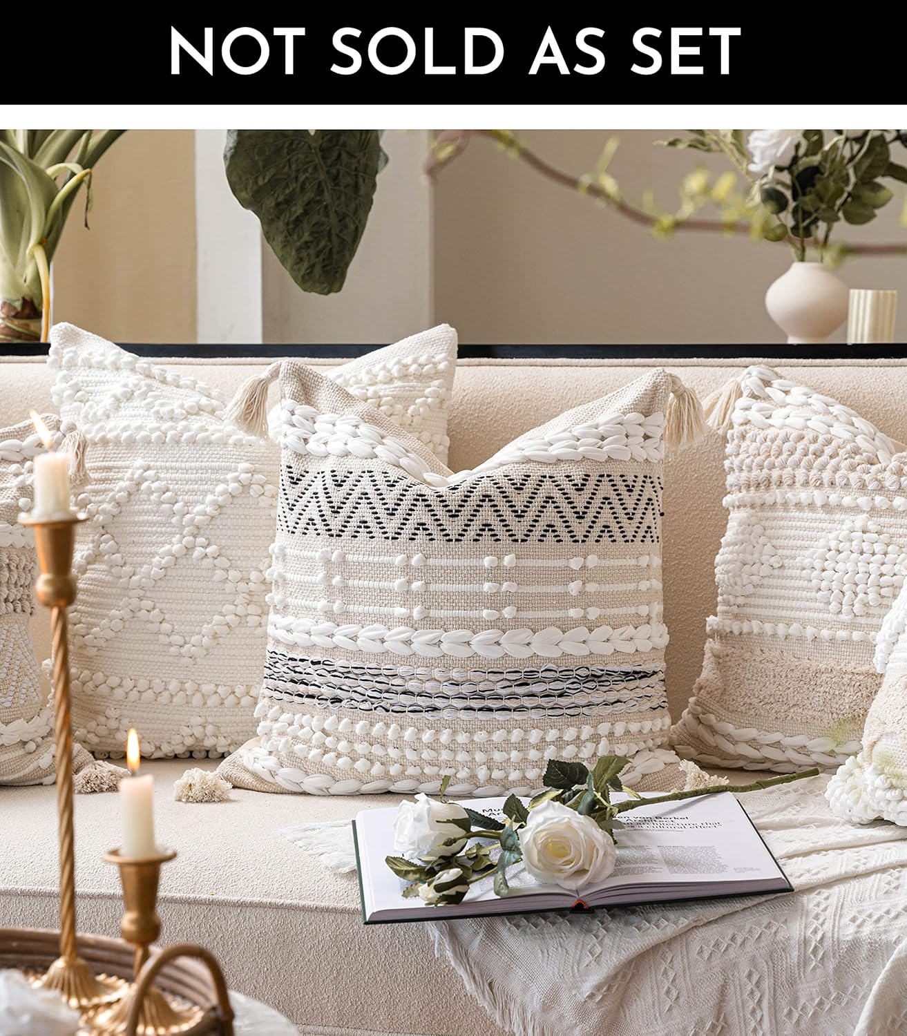 BlissBlush Cream White Boho Throw Pillow Cover 20X20, Decorative Neutral Accent Pillow for Couch, Square Woven Textured Pillowcase, Modern Boho Pillow for Bed, Bohemian Pillow Cover (Pack of 1)