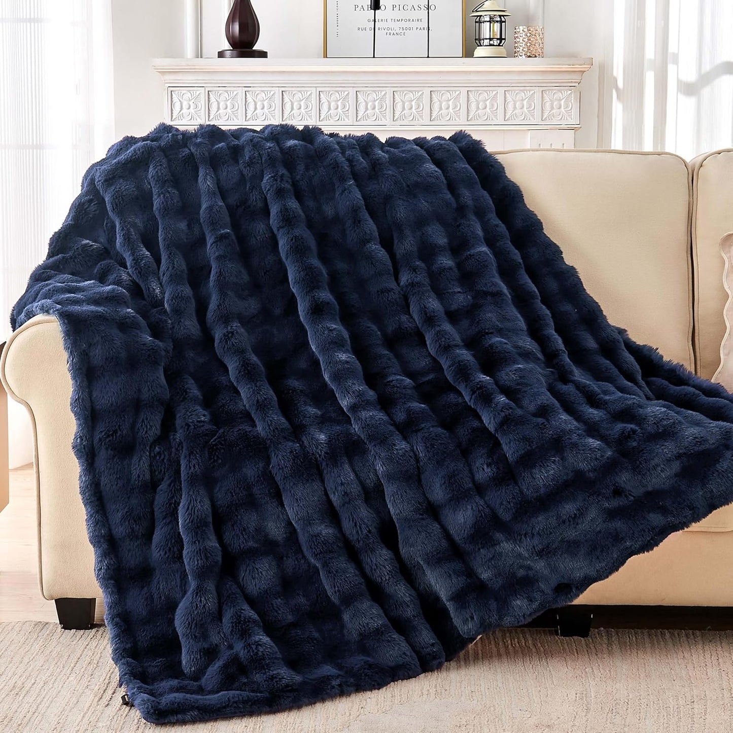 Luxury Faux Rabbit Fur Throw Blanket, Soft Bubble Fluffy Blanket Cozy Fuzzy Throw Blankets for Bed Sofa Couch, Decorative Thick Warm Plush Fuzzy Elegant Soft Mink Blanket (60" x 80", Blue)