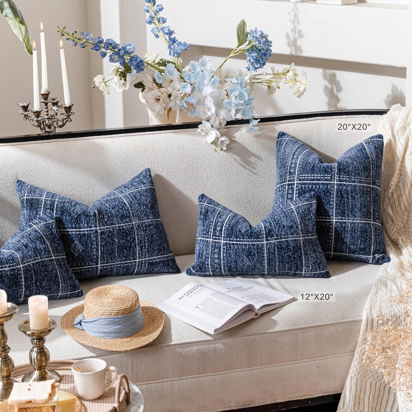 BlissBlush Dark Blue Decorative Lumbar Throw Pillow Covers 12X20, Set of 2, Boho Farmhouse Cushion Cover, Soft Accent Pillowcase for Couch Sofa Bed Living Room Home Décor