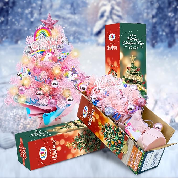 2FT Pink Mini Christmas Tree with Unicorn Theme - 24 Inch Tabletop Artificial Tree with Warm LED Lights, Star Topper, DIY Ornaments, Small Xmas Tree Holiday Decoration for Kids, Family, Home, Office