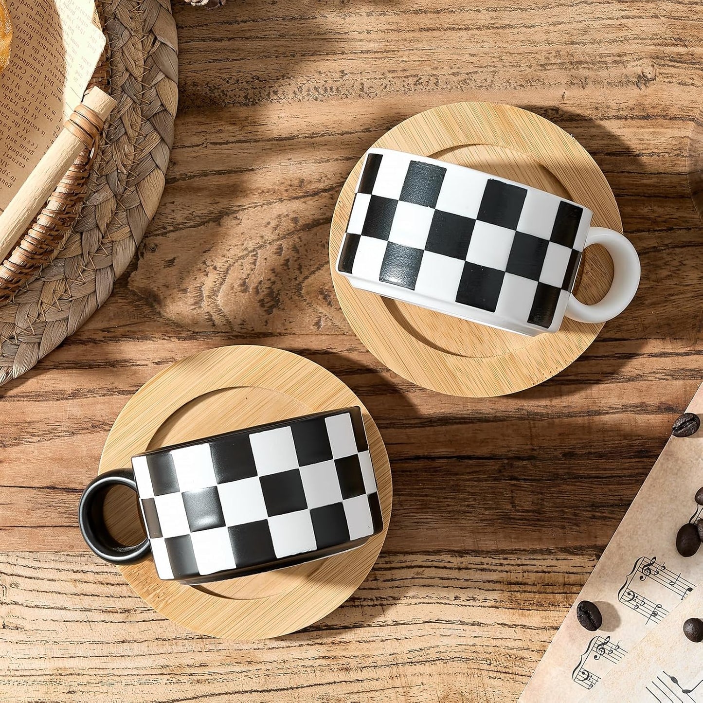 LUKA 6 Ounce Ceramic Stackable Black and White Checkered Espresso Cups with Saucers and Metal Stand Set of 4, Cappuccino Cups Set for Coffee Drinks, Latte, Cafe Mocha and Tea