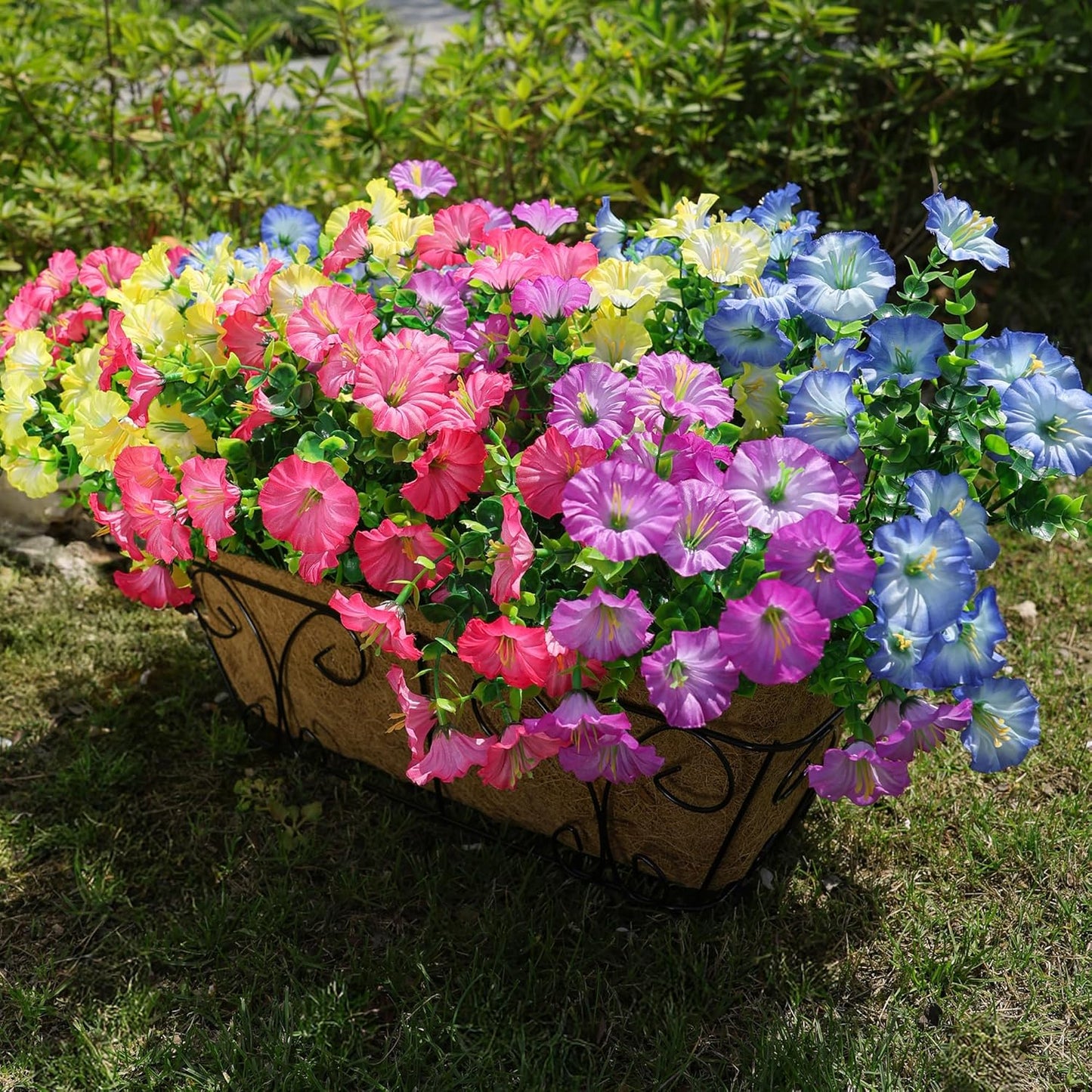 HyeFlora Artificial Flowers for Outdoors Fake Plants Outside Decoration, 12 Bundles Silk Colorful Morning Glory with Eucalyptus UV Resistant Realistic Faux Flowers for Planter Porch Patio Yard Indoor